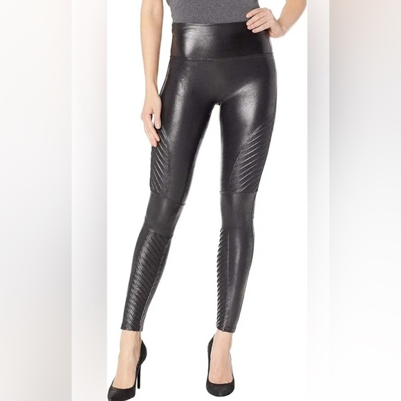 Spanx Faux Black Leather Moto Leggings, Small Petite - Picture 2 of 8